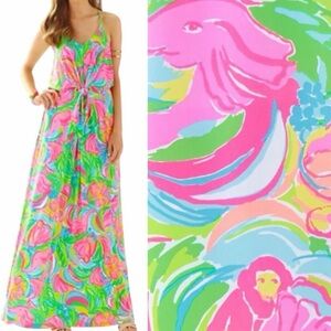 Lilly Pulitzer So A Peeling Print Rosa Maxi Dress Monkeys Elephants Large